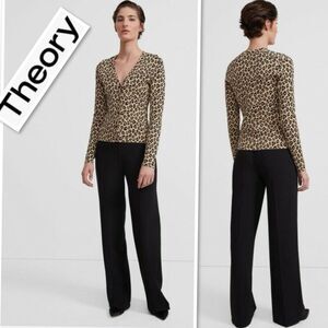 Theory Leopard Animal Print Glossed V-Neck Button Down Cardigan Tan/Black Size L